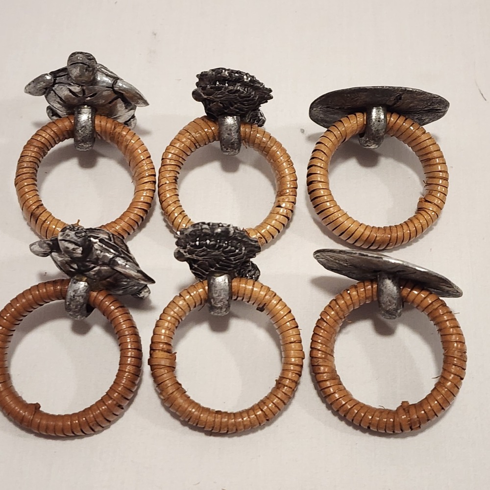 6‎ Coastal Napkin Rings Rattan Metal Sea Turtle Seahorse Sand Dollar Silver